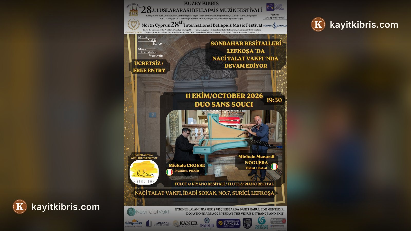 28. Bellapais Müzik Festivali sonbahar resitalleri 11 Ekim'de Lefkoşa'da